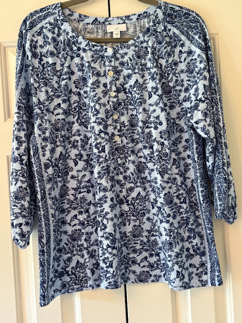 NWOT J. Jill Henley Light Blue & Navy Botanical Floral Popover  Sz M